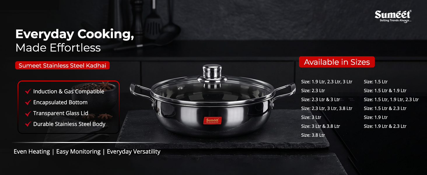 Sumeet Stainless Steel Induction Bottom (Encapsulated) Kadhai with Glass Lid Size No.14 (3 L, 25.2 x 25.2 x 8.6 Cm)