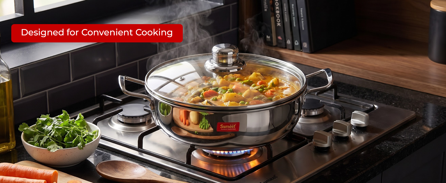 Sumeet Stainless Steel Induction Bottom (Encapsulated) Kadhai with Glass Lid Size No.14 (3 L, 25.2 x 25.2 x 8.6 Cm)