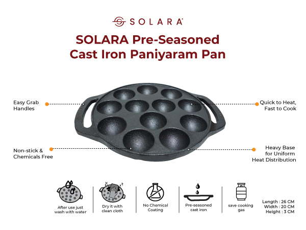 SOLARA Cast Iron 8" inch (20 CM) Paniyaram Pan (12 Cavities) | Pan for Appe/Gunta Ponganalu/Paddu | Cast Cookware
