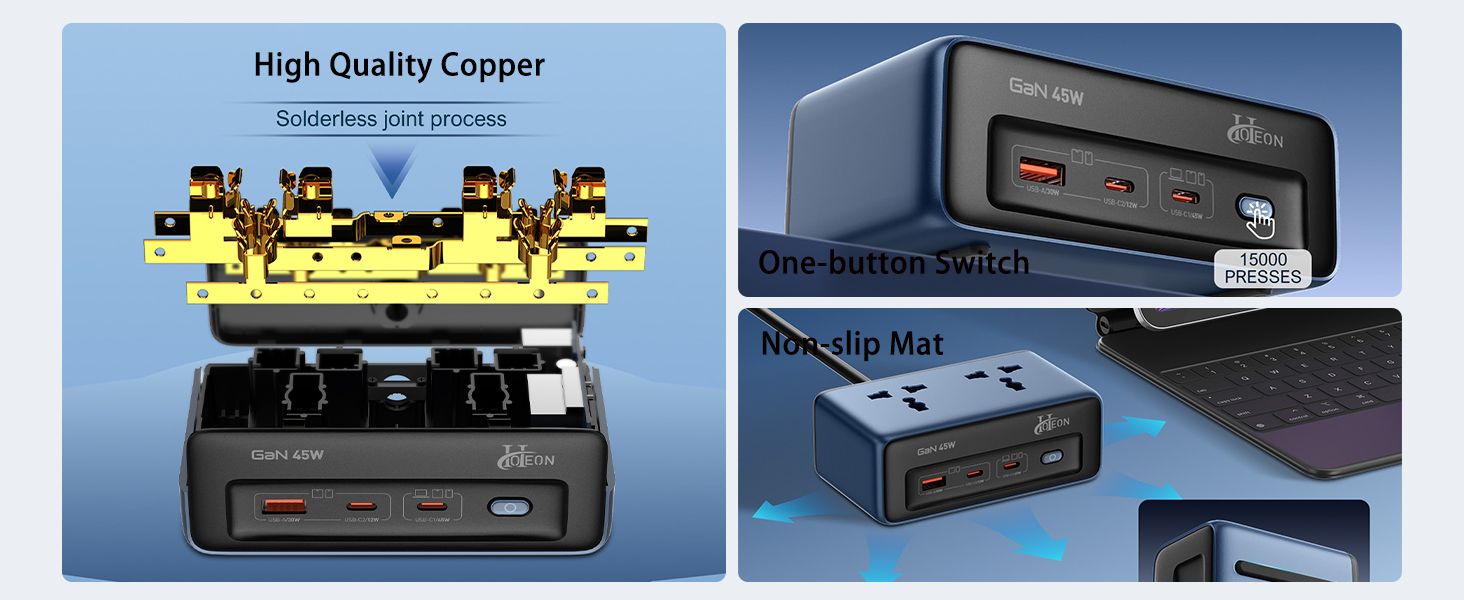 Hoteon Extension Board with Surge Protection, 45W Type C Fast Charge (GaN)