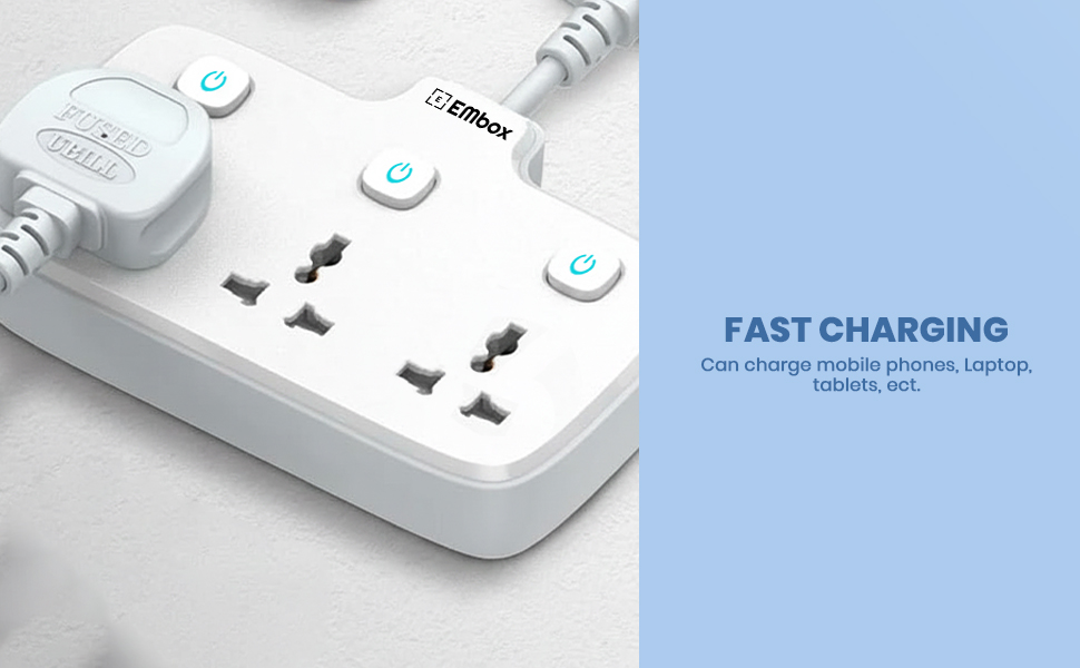 EMBOX Multi Plug Socket 2500 W | Extension Board with Switches | 3 Universal Sockets Multi Plug Adapter Fast Charging No Block Design, White