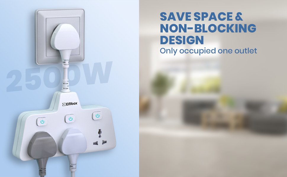 EMBOX Multi Plug Socket 2500 W | Extension Board with Switches | 3 Universal Sockets Multi Plug Adapter Fast Charging No Block Design, White