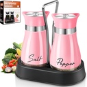 Salt and Pepper Shakers, Farmhouse Salt and Pepper Shakers Set with Holder, electroplated Handle, 4 oz Stainless Steel Glass Bottle Dispenser, for Table, RV, Camp, BBQ (Pink)