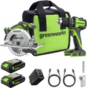 GREENWORKS 24V 1/2” Brushless Cordless Drill (400 In-lbs.) + 6.5” Circular Saw (4,800 RPM), (2) 2.0Ah (12,000mAh Power Bank) USB-C Batteries, Braided Cable, 65W Rapid Charger