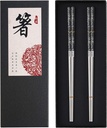 Stainless Steel Chopsticks Titanium Plated Metal Chopsticks Reusable Dishwasher safe Premium Japanese Korean Chopstick Laser Engraved Anti-slip Chop Sticks for Eating 2 Pairs Gift Set Black Silver