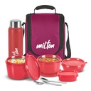 MILTON Pro Pietūs Dėžutė su plieno puodai, 3 Mikrobangų Saugus Vidinis Plieniniai konteineriai (180 ml, 320 ml, 450 ml), Plastikiniai Chutney Dabba, 100 ml, Butelis, 750 ml su izoliuotu maišeliu, Office Tiffin, Maroon
