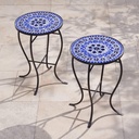 Teal Island Designs Cobalt Modern Black Metal Round Outdoor Accent Side Tables 14" Wide Set of 2 Light Blue Mosaic Tile Tabletop Gracefully Curved Legs for Spaces Porch Patio Home House Balcony