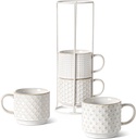 LE TAUCI Stackable Coffee Mugs Set with Stand, Ceramic Embossment Coffee Cups for Au Lait, Cappuccino,Latte,Cafe,Mocha,Tea, Suit For Housewarming Wedding - 12 oz, Set of 4,Arctic white