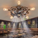 20" Retro Industrial Steampunk Ceiling Fans with Lights and Remote,Low Profile Flush Mount Bladeless Ceiling Fan with Light,Nautical Style 6 Speeds for Bedroom Kitchen Island Bar Cafe