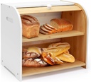 Bread Box for Kitchen Countertop, Double Layer Bamboo Bread Storage Container for Homemade Bread, Roll Top Bread Box with 3 Adjustable Height for Kitchen Counter, White Breadbox Organizer