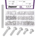 Swpeet 251Pcs 5 Sizes M4×6mm/10mm/14mm/18mm/20mm Aluminum Flat Head Semi Tubular Rivets with Punch Assortment Kit, Round Flat Head Semi Tubular Rivets in Silver Tone for Craft Repairs and Decoration